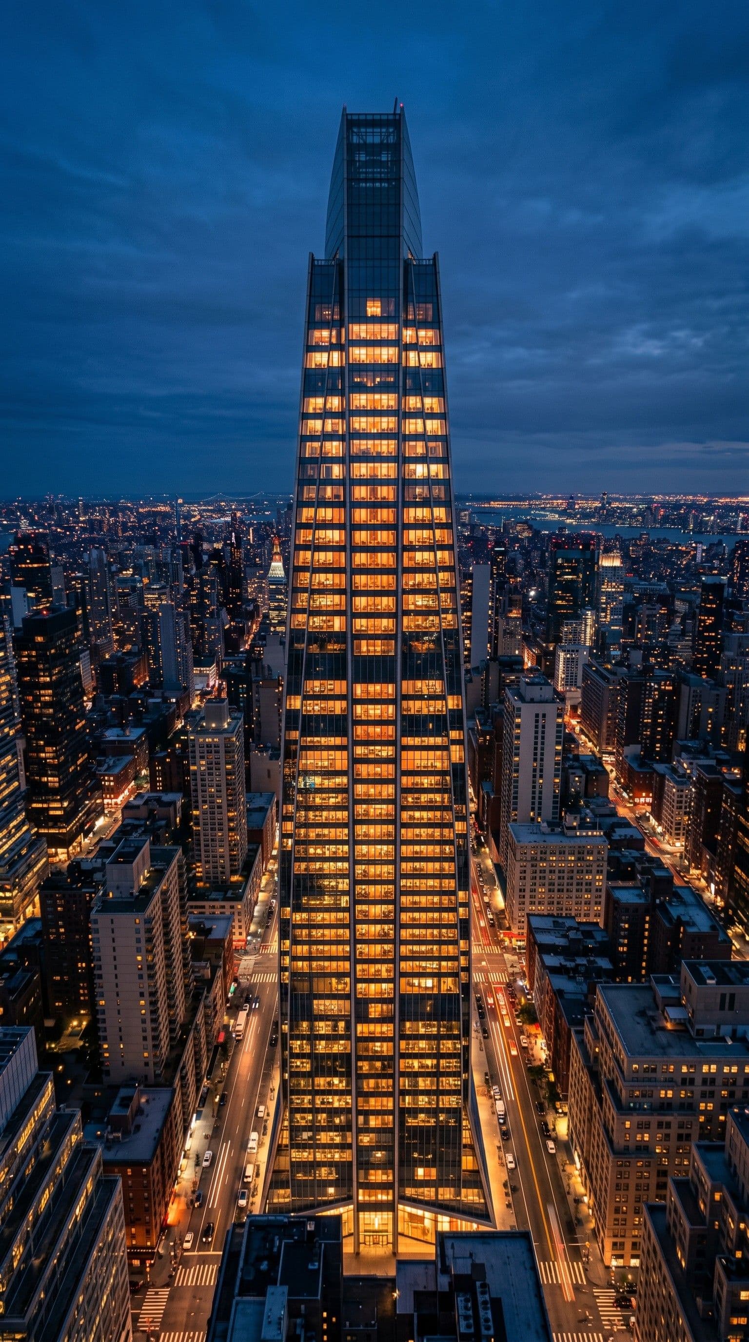 Modern corporate glass tower at night with warm amber light glowing through office windows