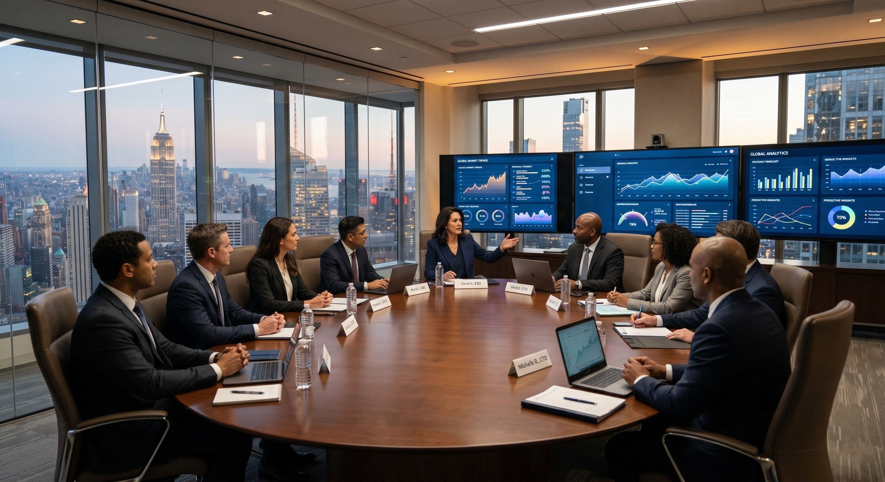 Fortune 500 executive leadership team in boardroom reviewing AI analytics dashboards