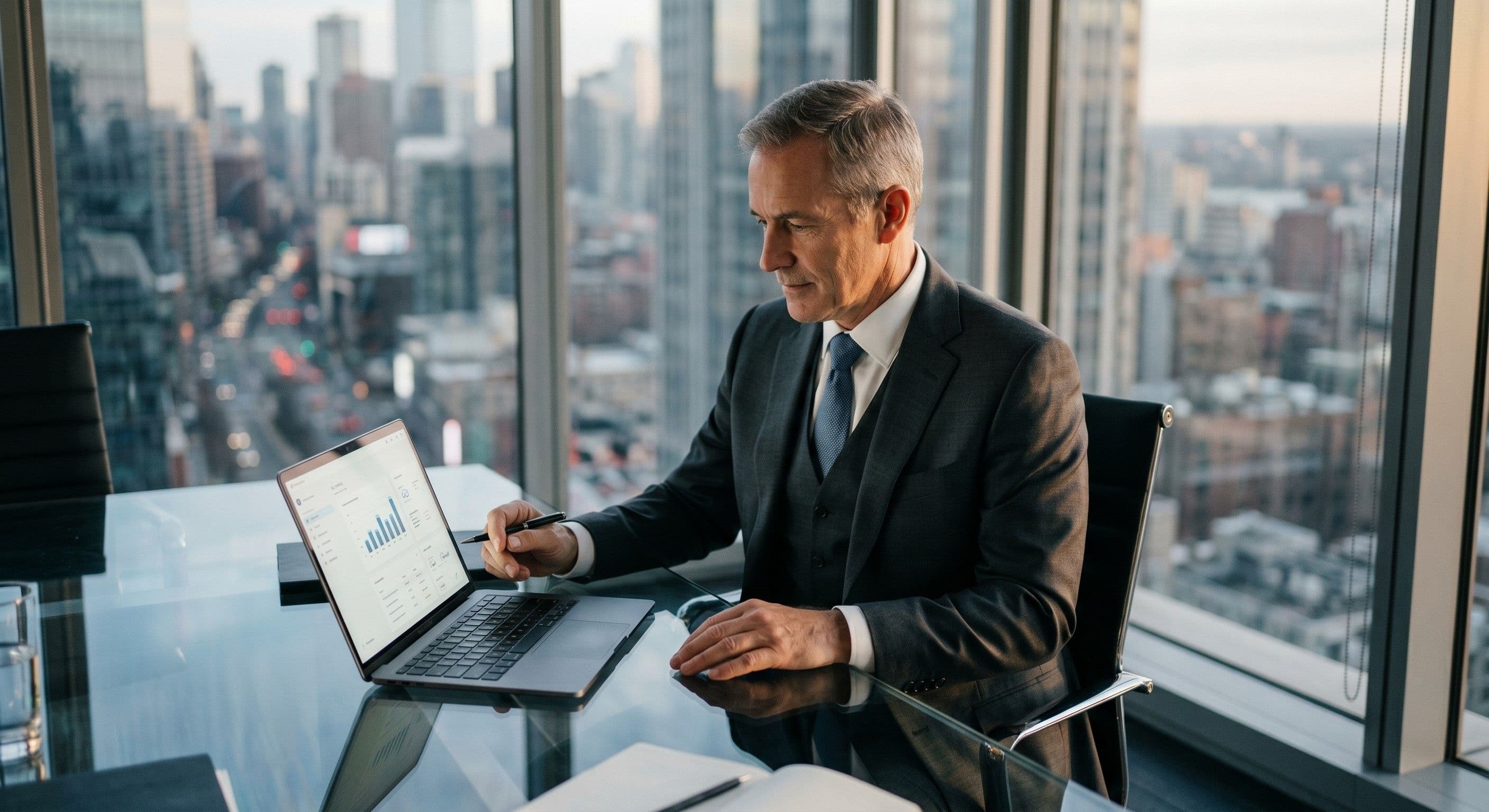 Senior executive reviewing data on a laptop in a glass-walled office overlooking the city