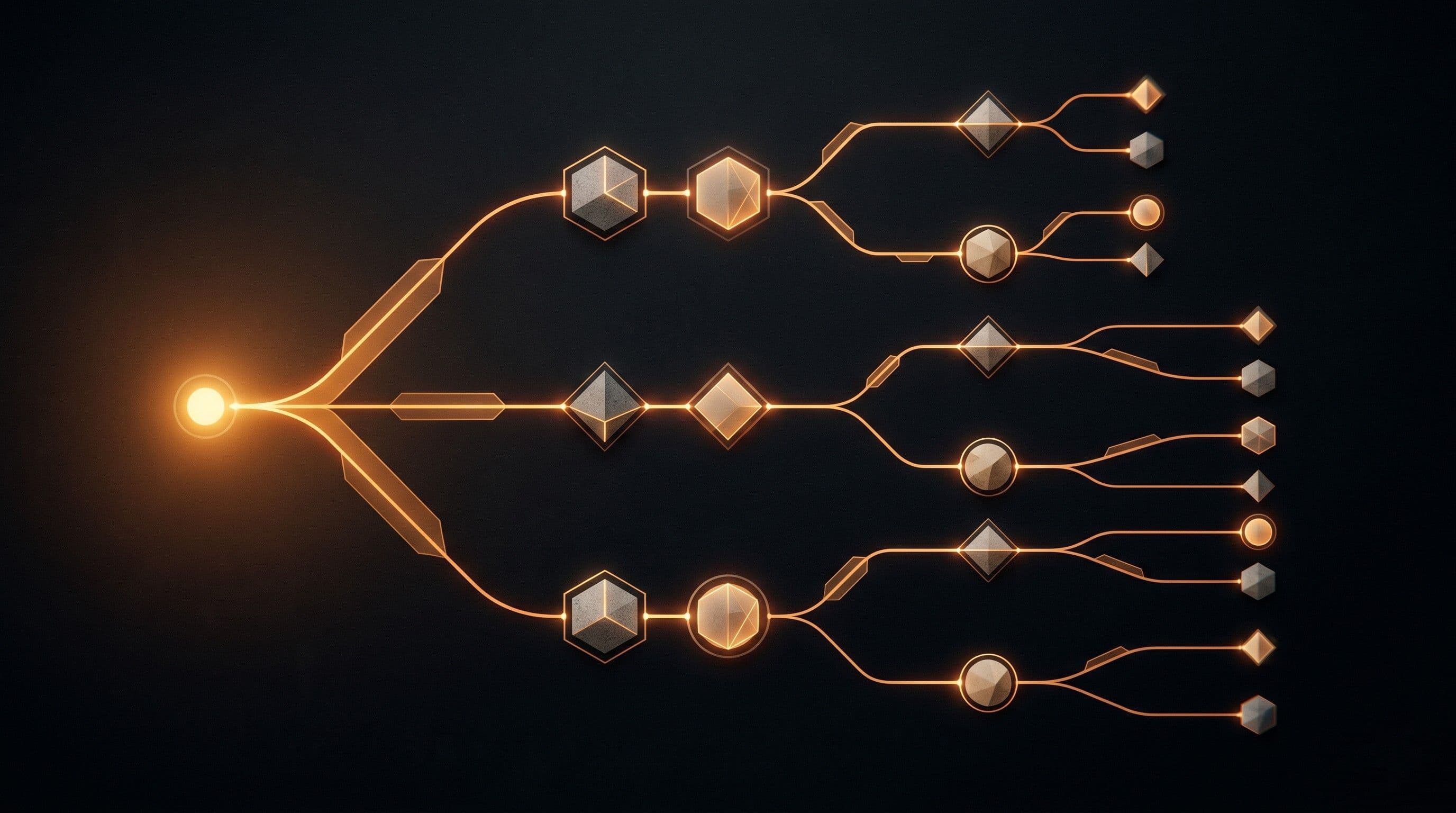 Abstract amber branching decision tree visualization on dark background representing adaptive AI logic