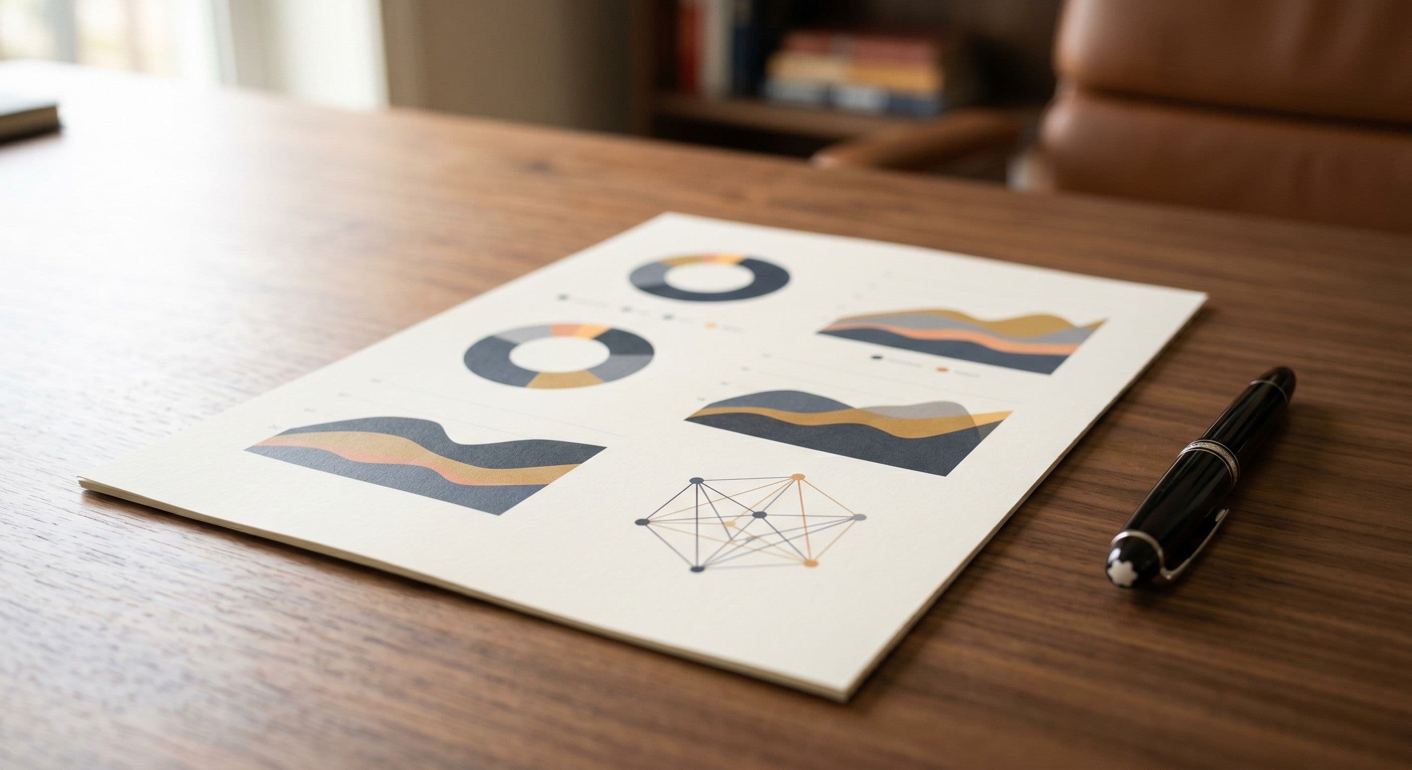 Printed AI readiness report with data visualizations on a walnut desk beside a Montblanc pen