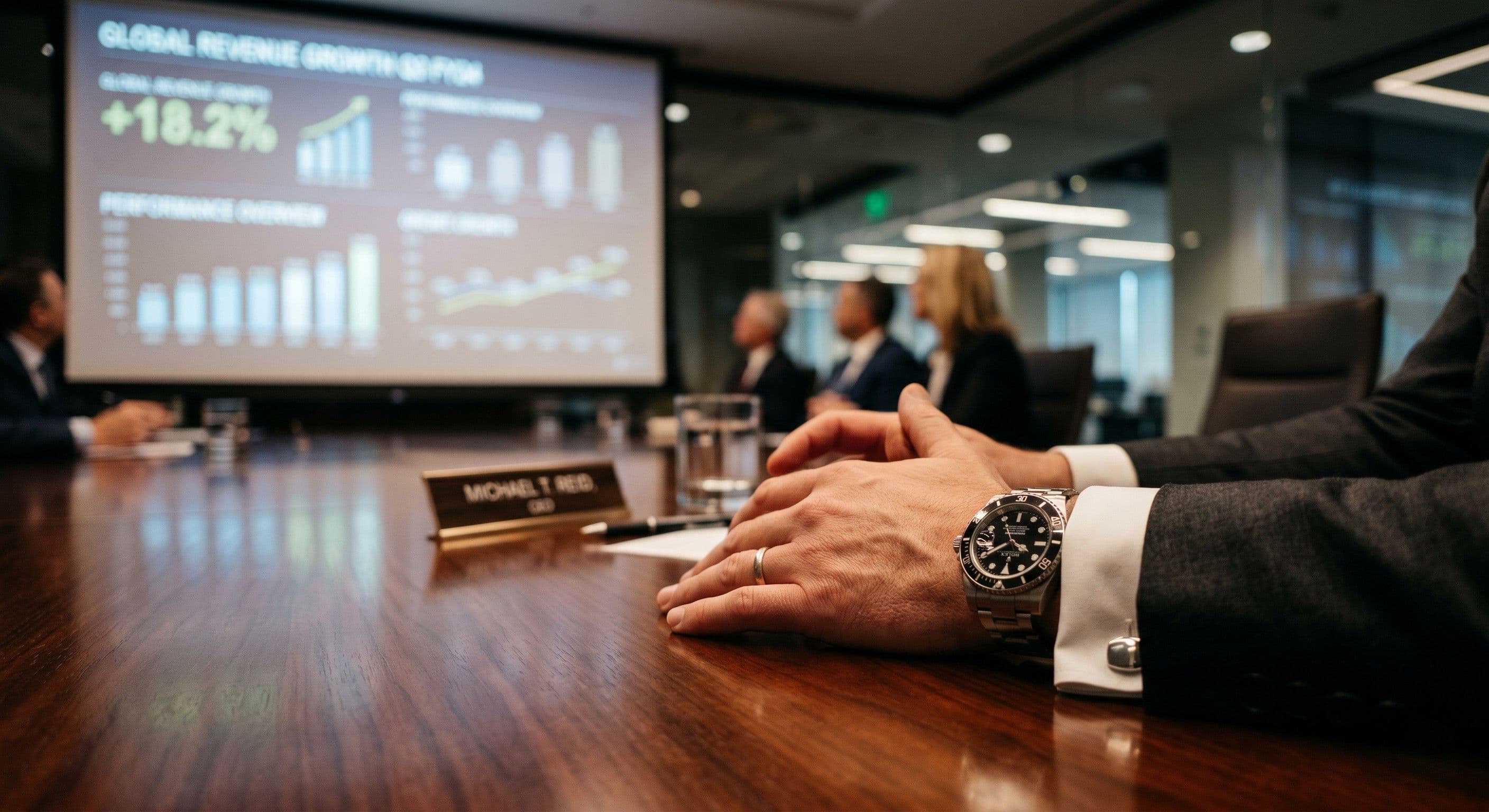 CEO's hands with luxury watch at conference table during board presentation with financial data on screen