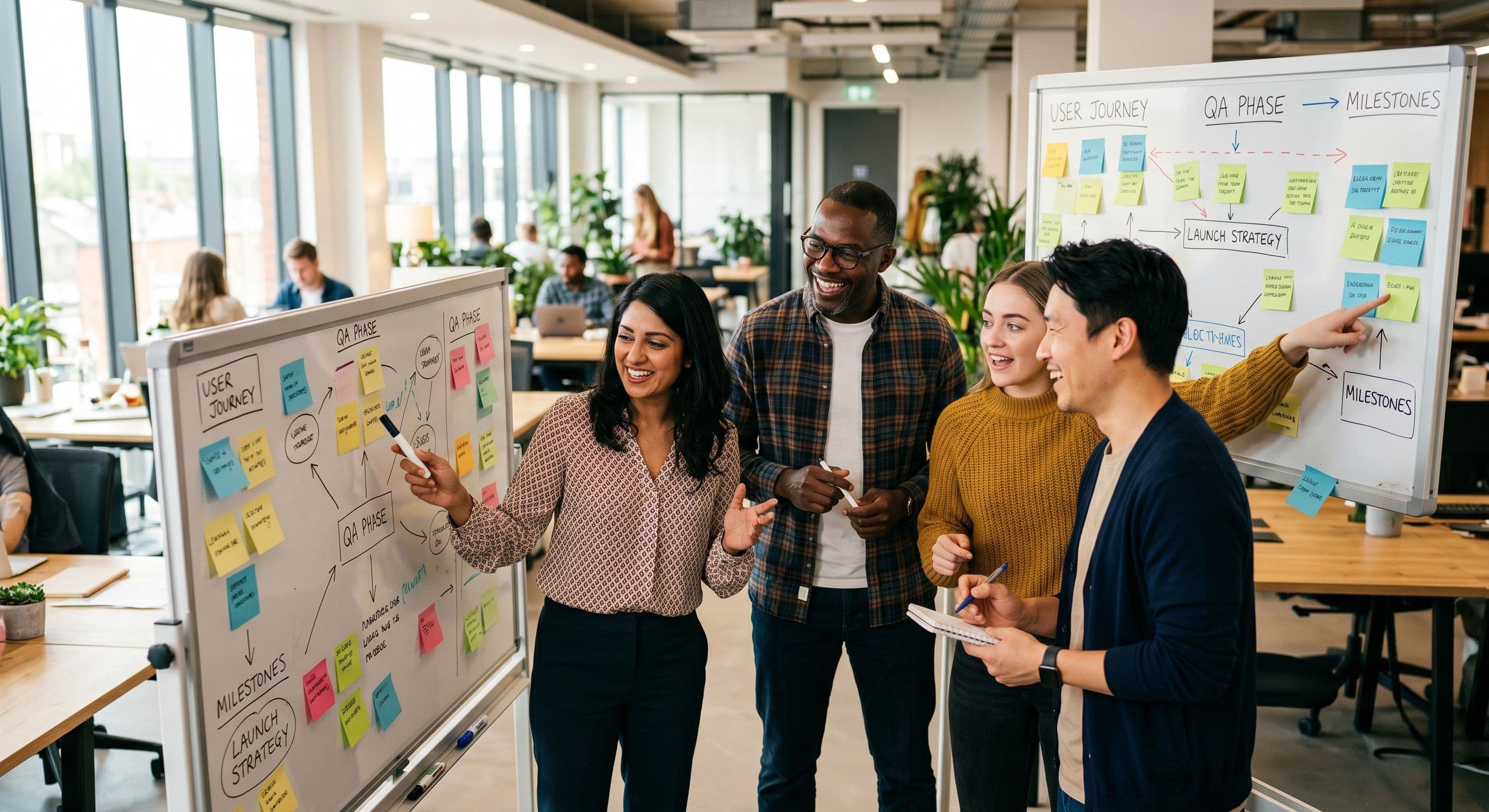 Diverse cross-functional team collaborating at whiteboards with sticky notes and journey maps
